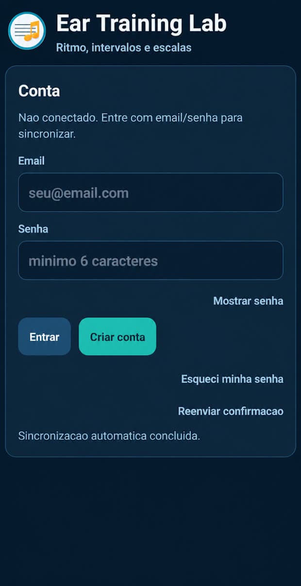 Tela de conta do Ear Training Lab para sincronizar o progresso