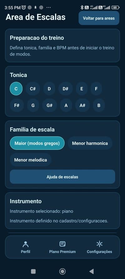 Tela de treino de escalas com seletor de tônica