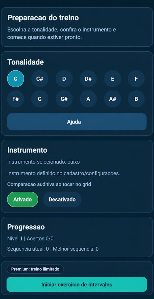 Tela de preparação do treino: escolha de tonalidade e instrumento